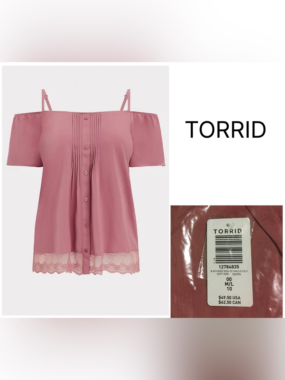 TORRID - 00X M/L - NWT - PINK COLD SHOULDER LACE TOP / BLOUSE